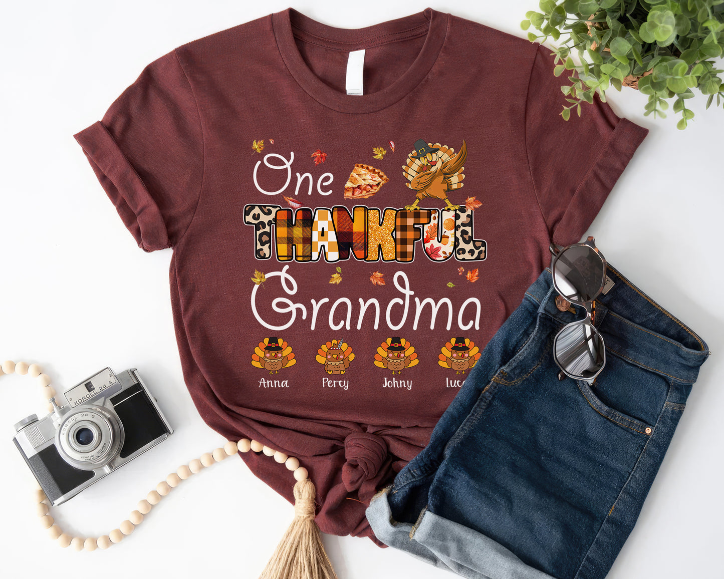 Autumn One Thankful Grandma with Little Turkey Tee | HalloThanksMas Cute Turkey T-shirt | Autumn Fall Vintage Retro Teacher Design - Maroon