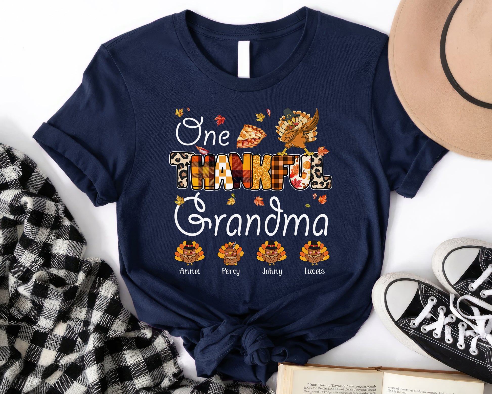 Autumn One Thankful Grandma with Little Turkey Tee | HalloThanksMas Cute Turkey T-shirt | Autumn Fall Vintage Retro Teacher Design - Navy