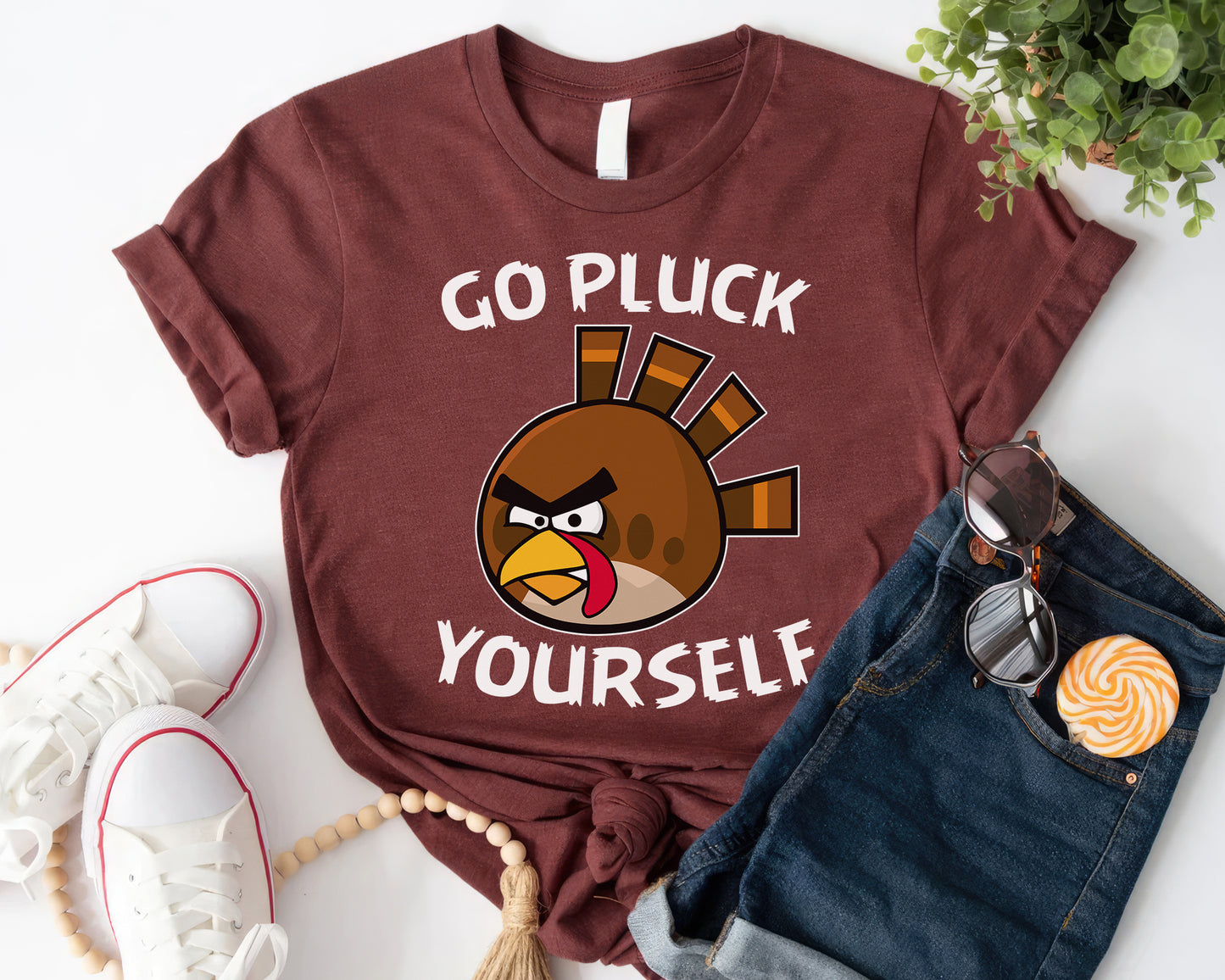 Go Pluck Yourself Tee | Funny Thanksgiving Turkey Shirt | Cheeky Grumpy Turkey T-shirt | Humor Gift for Thanksgiving