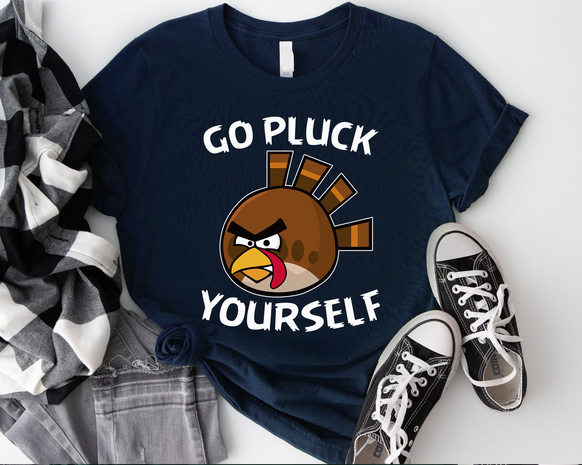 Go Pluck Yourself Tee | Funny Thanksgiving Turkey Shirt | Cheeky Grumpy Turkey T-shirt | Humor Gift for Thanksgiving