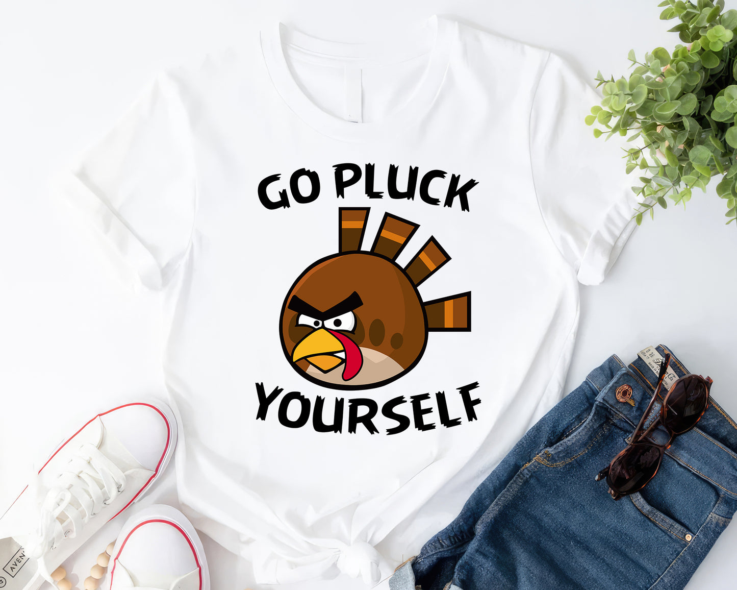 Go Pluck Yourself Tee | Funny Thanksgiving Turkey Shirt | Cheeky Grumpy Turkey T-shirt | Humor Gift for Thanksgiving