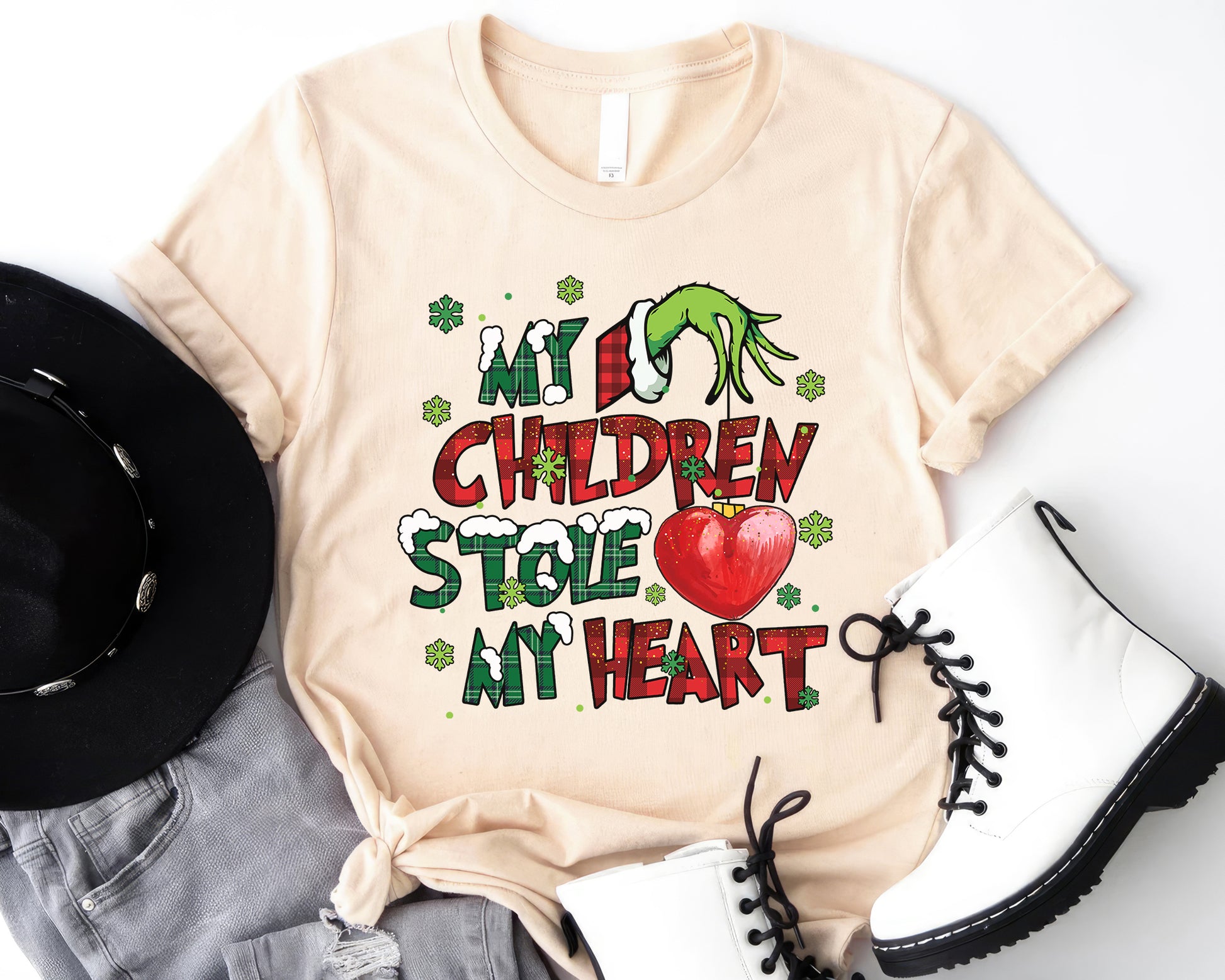 My Children Stole My Heart, Grinch Personalized Shirt, My Students Stole My Heart, Merry Grinchmas Gift, Grinch Hand Tee Hoodie Sweatshirt - Natural