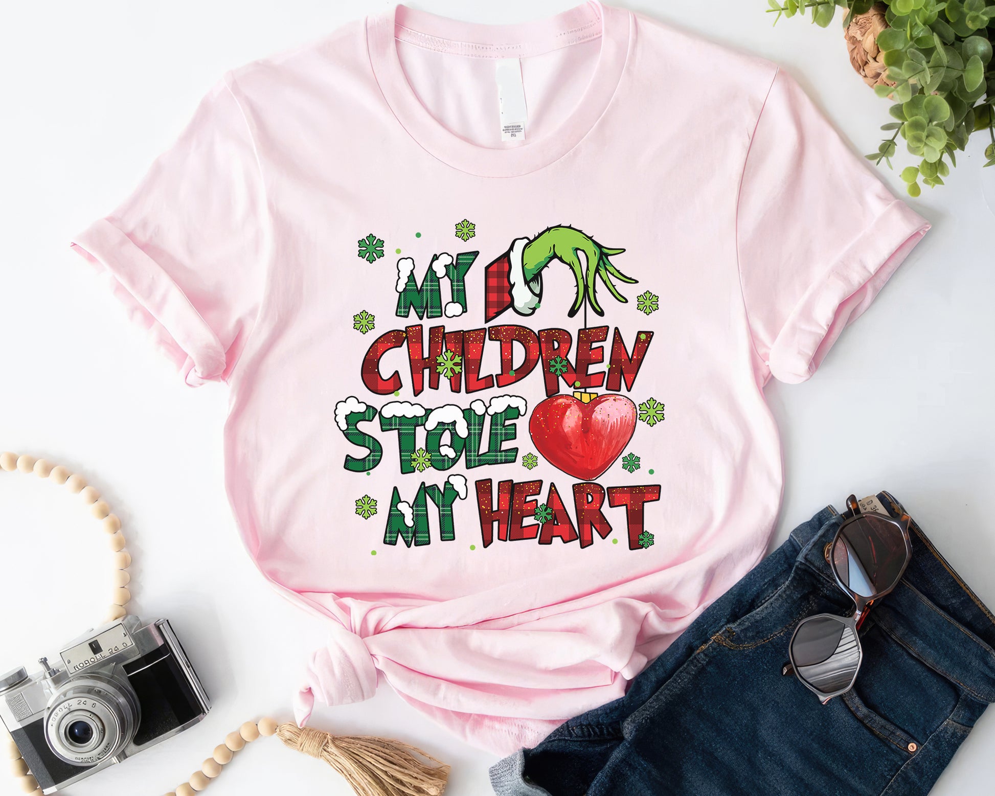 My Children Stole My Heart, Grinch Personalized Shirt, My Students Stole My Heart, Merry Grinchmas Gift, Grinch Hand Tee Hoodie Sweatshirt - Pink