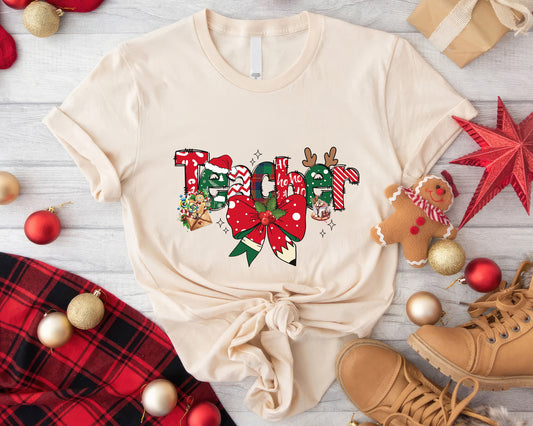 Cute Teacher Christmas Shirt, Doodle Teacher Christmas, Teacher Pencil Bow Design, Teacher Christmas Gift, Retro Teacher, Merry Christmas