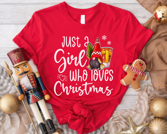 Just A Girl Who Loves Christmas Shirt, Boho Hippie Christmas Gnome, Cute Watercolor Christmas Gnome, Merry Christmas Tee Sweatshirt Hoodie - Red