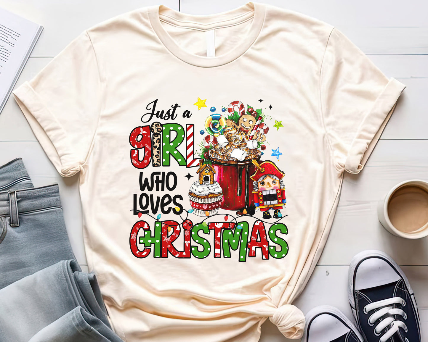 Just A Girl Who Loves Christmas Shirt, Boho Hippie Doodle Design, Merry Christmas Tee Sweatshirt Hoodie, Cute Girly Christmas Gift