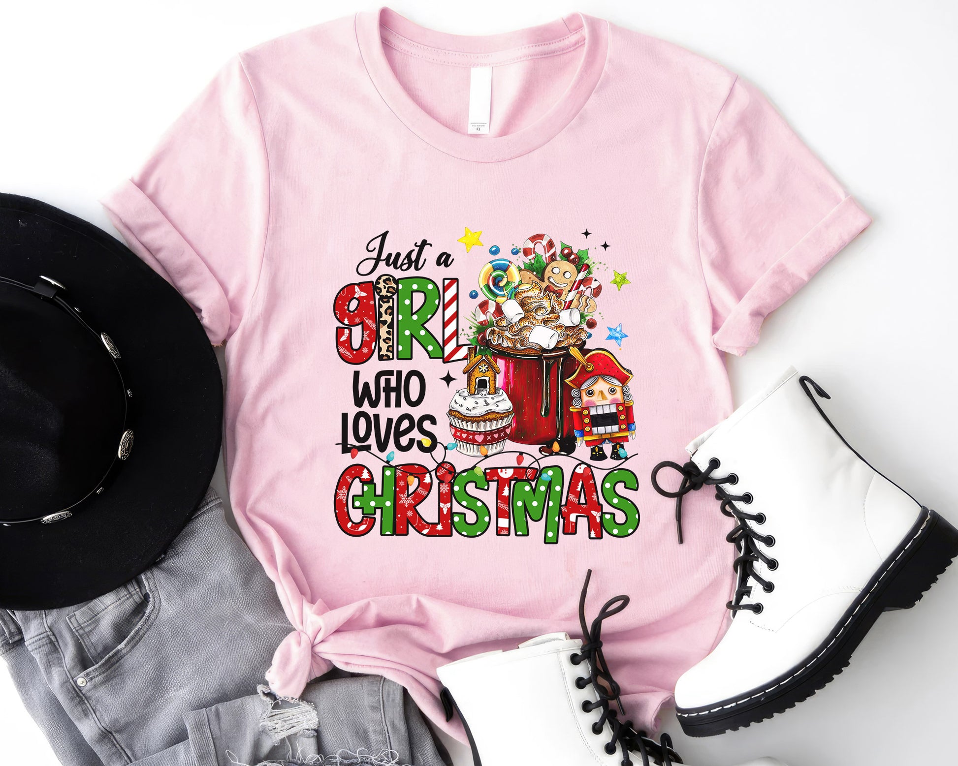 Just A Girl Who Loves Christmas Shirt, Boho Hippie Doodle Design, Merry Christmas Tee Sweatshirt Hoodie, Cute Girly Christmas Gift