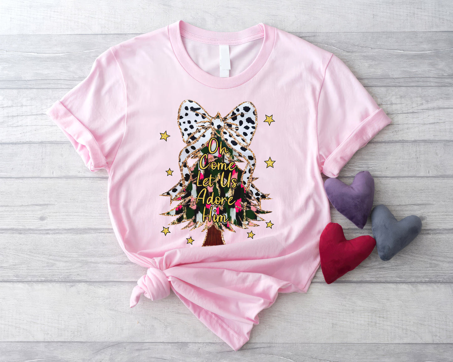 Oh Come Let Us Adore Him Shirt, Watercolor Cute Christmas Tee Sweatshirt Hoodie, Merry Christmas Gift, Holiday Tree Design, Festive Apparel - Pink