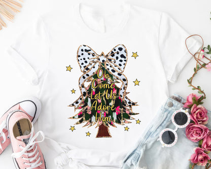 Oh Come Let Us Adore Him Shirt, Watercolor Cute Christmas Tee Sweatshirt Hoodie, Merry Christmas Gift, Holiday Tree Design, Festive Apparel - White