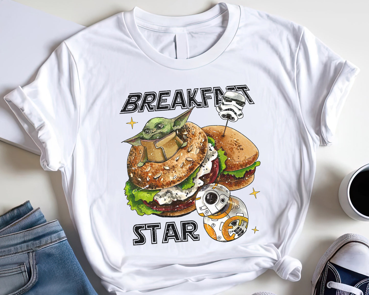 Retro Breakfast Star Shirt, Halftone Vintage Style T-Shirt, Sweatshirt, Hoodie, 80s Nostalgia Gift for Movie Lovers, Retro Aesthetic Fashion - White