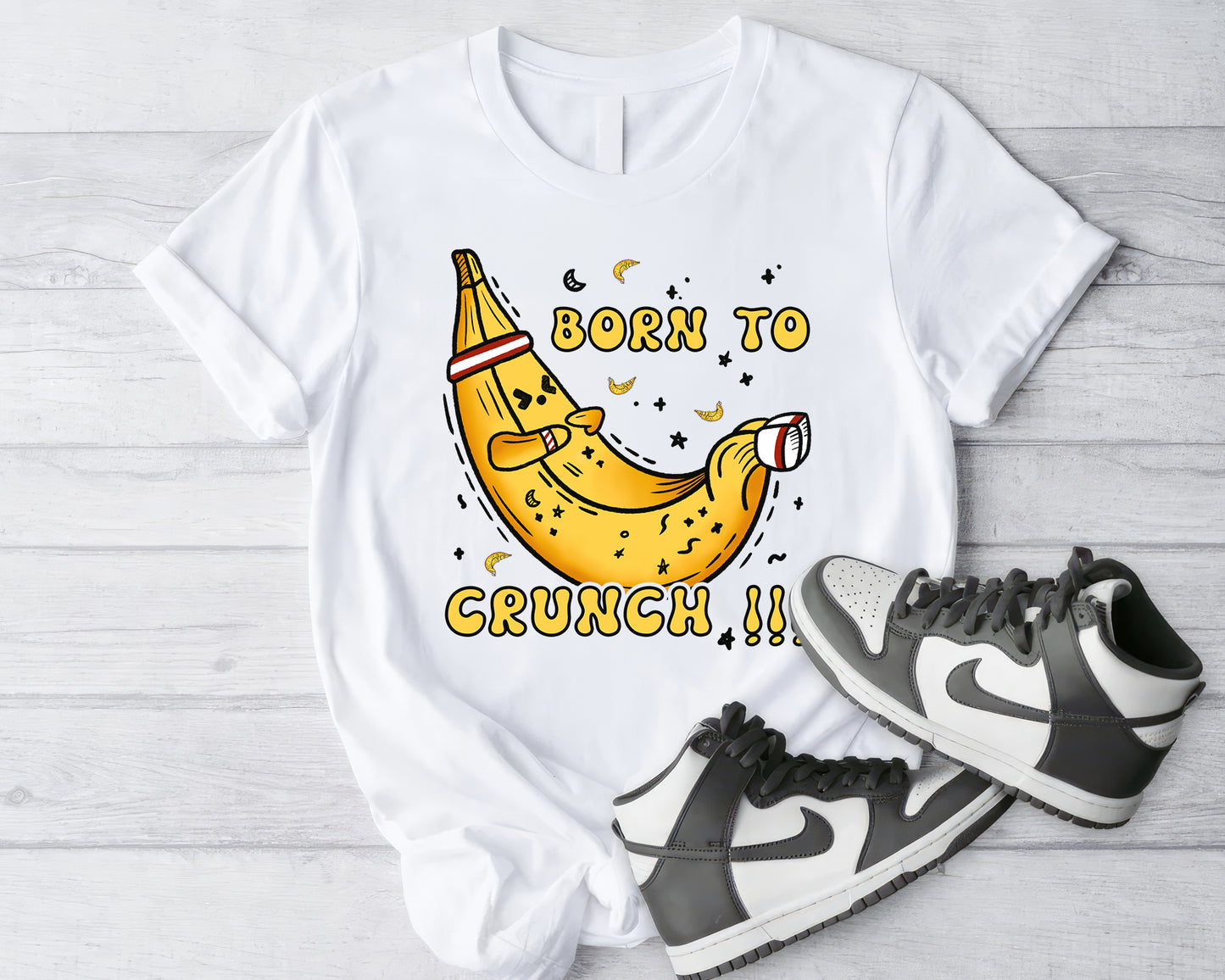 Tee Art Online - Banana Born To Crunch Tee | Funny Quote Workout Tee | Gymnastic Fitness Yoga Workout Drawing Design - white