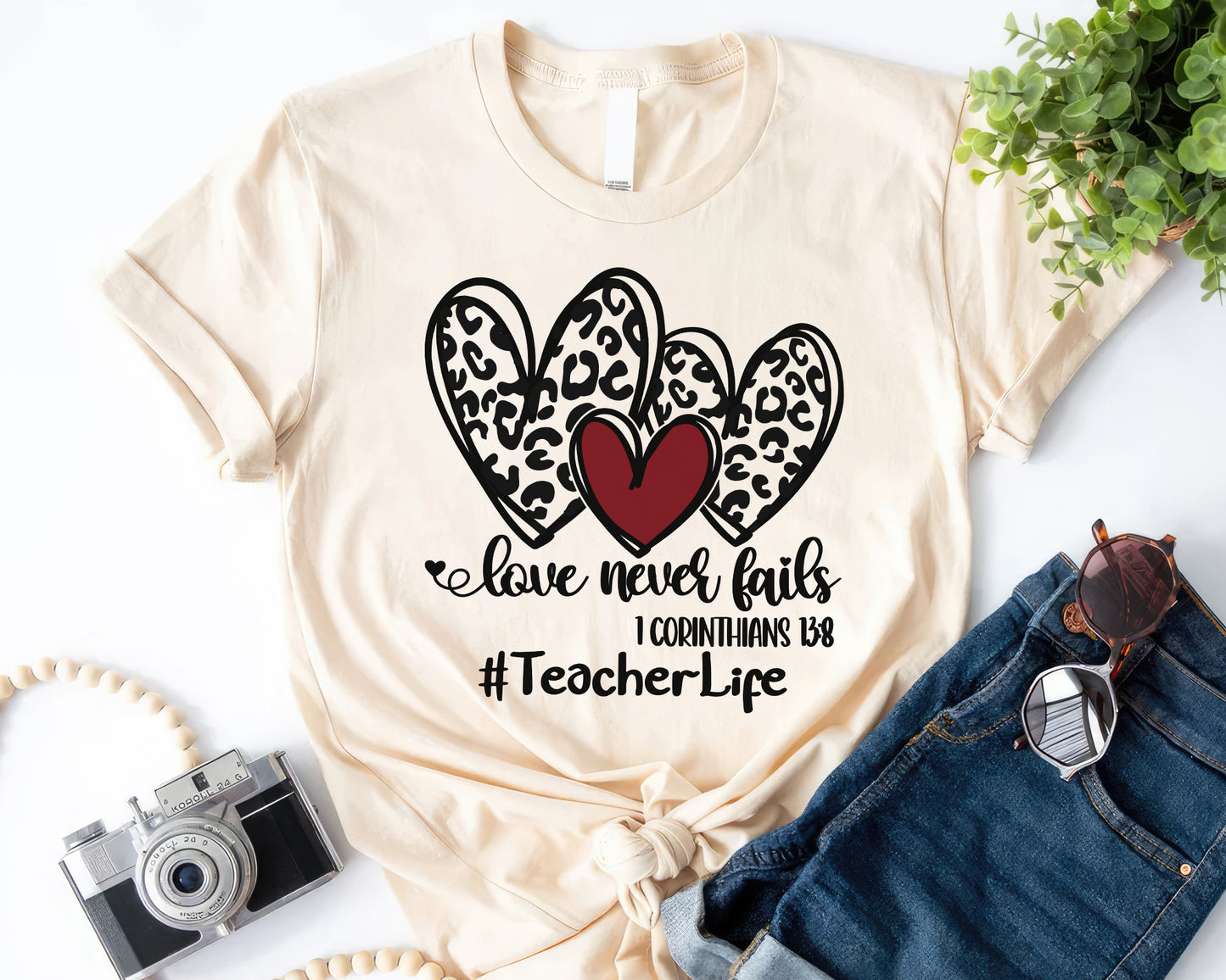 Love Never Fails with Leopard Pattern Hearts Tee