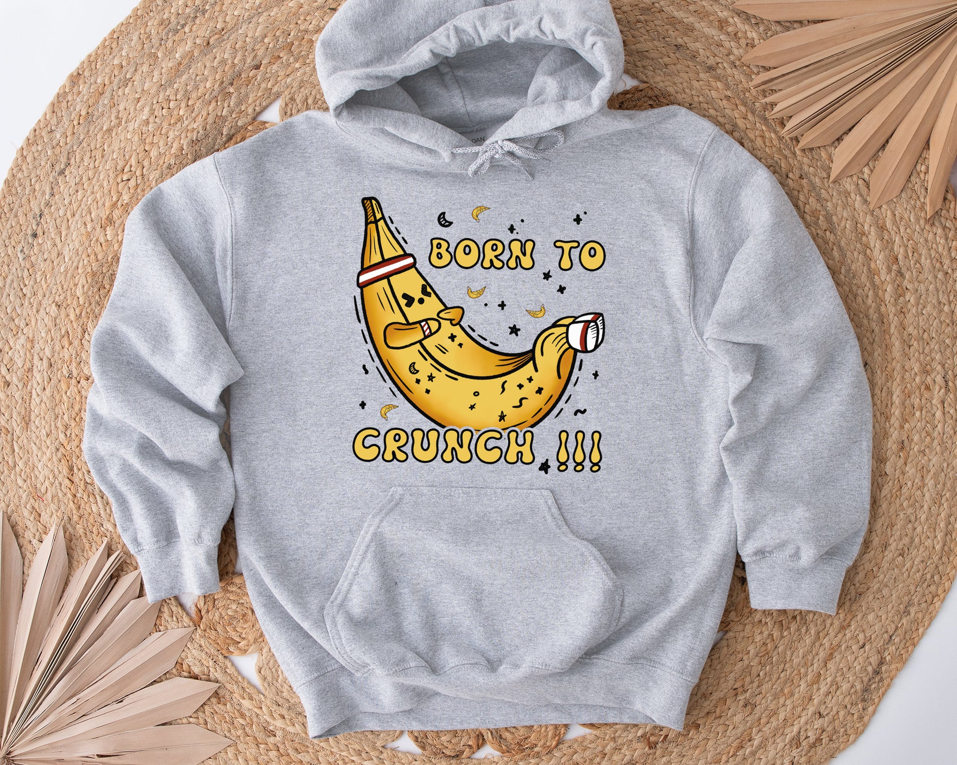 Tee Art Online Banana Born To Crunch Hoodie | Funny Quote Workout Hoodie | Gymnastic Fitness Yoga Workout Drawing Design - Ash