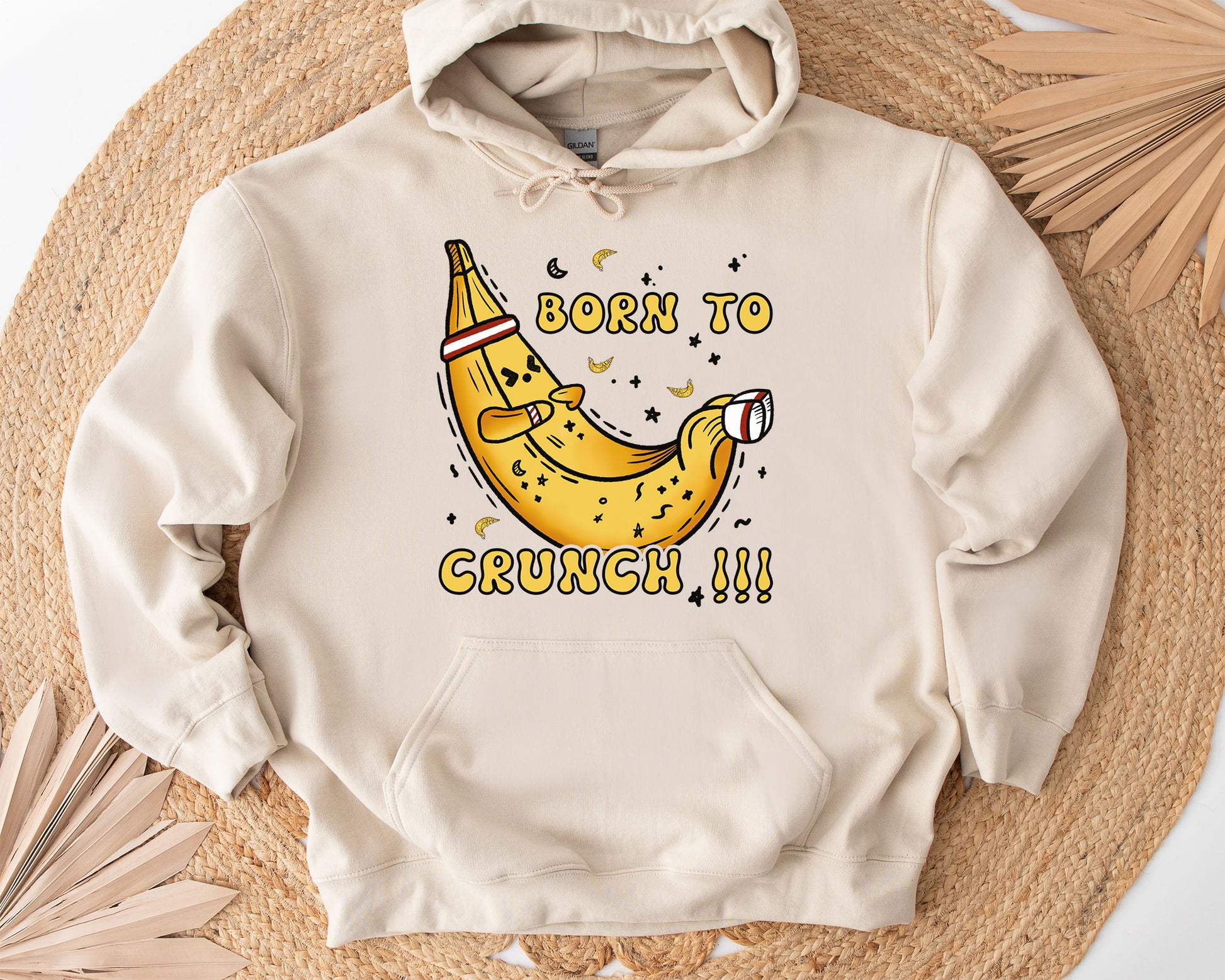 Tee Art Online Banana Born To Crunch Hoodie | Funny Quote Workout Hoodie | Gymnastic Fitness Yoga Workout Drawing Design - Beige