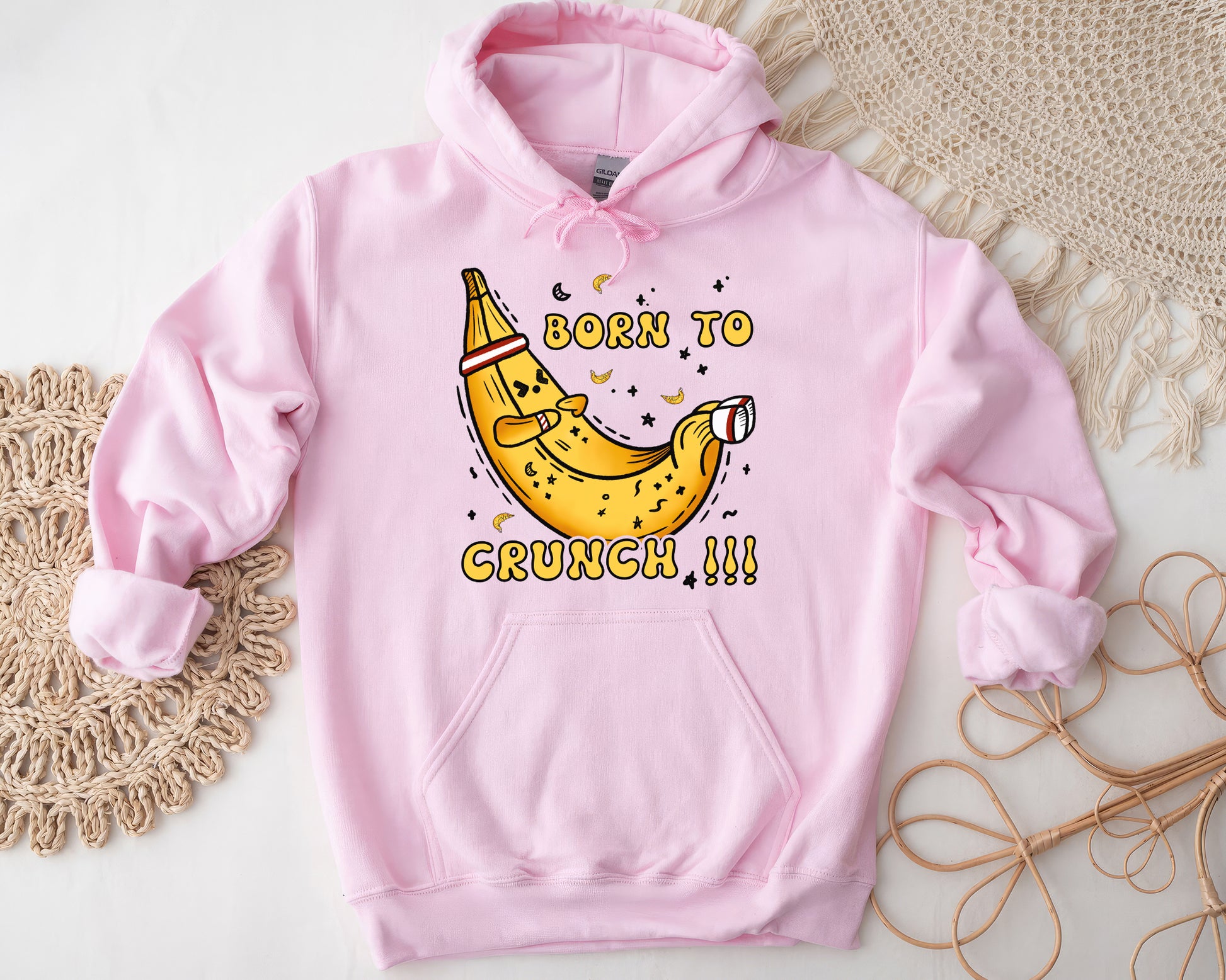 Tee Art Online Banana Born To Crunch Hoodie | Funny Quote Workout Hoodie | Gymnastic Fitness Yoga Workout Drawing Design - Pink