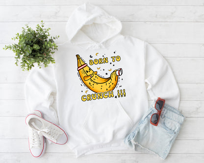 Tee Art Online Banana Born To Crunch Hoodie | Funny Quote Workout Hoodie | Gymnastic Fitness Yoga Workout Drawing Design - White