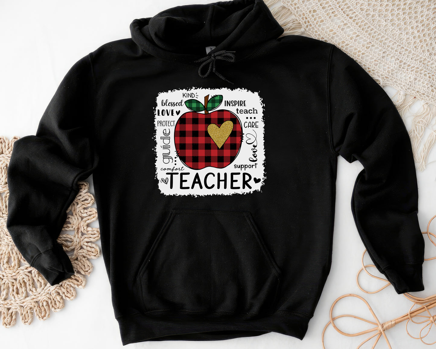 Tee Art Online - Valentine Typography Cute Red Apple Buffalo Plaid LOVE Teacher Personalized Hoodie | Valentine's Day Kawaii Cute Gifts | Teacher Design - Black