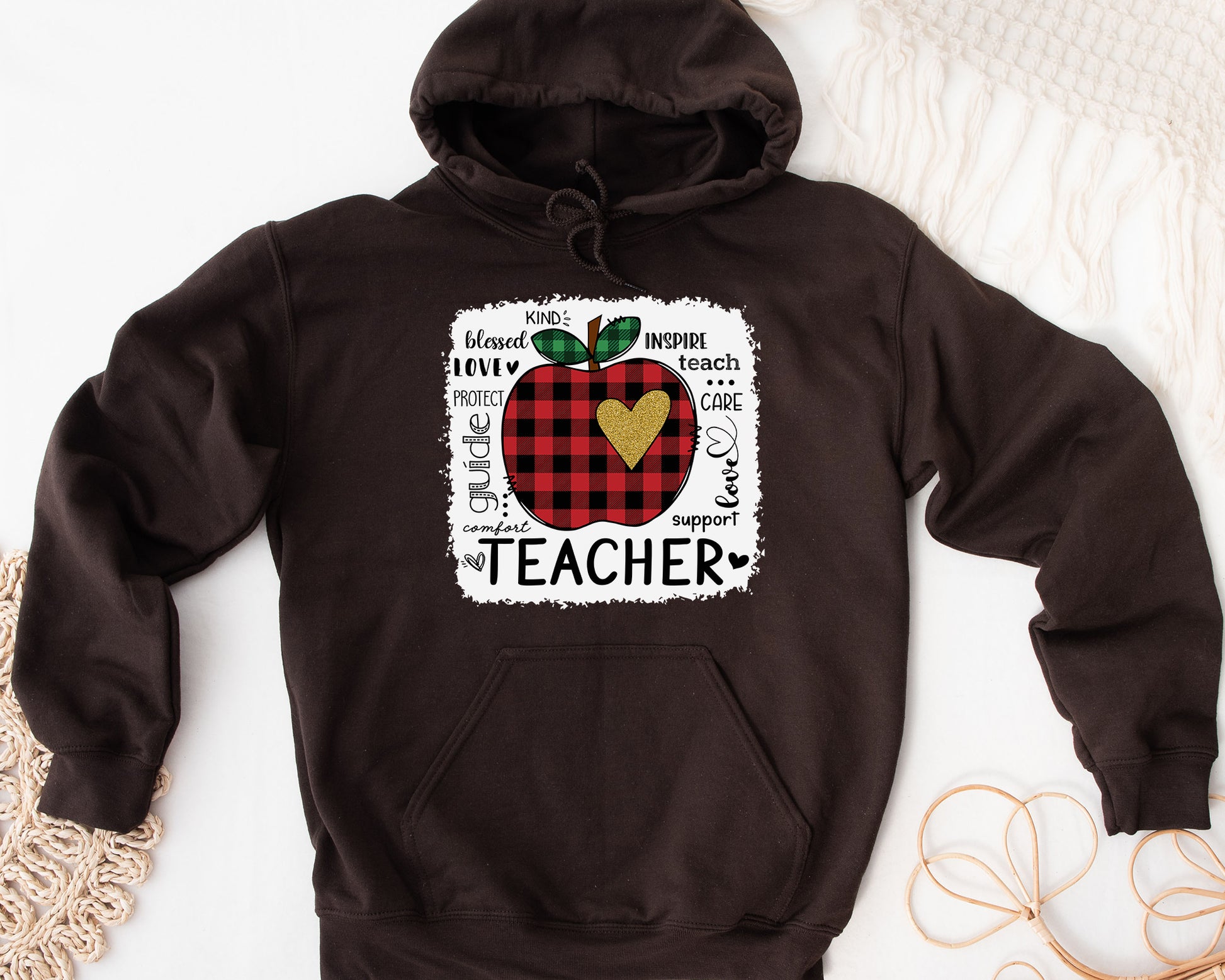 Tee Art Online - Valentine Typography Cute Red Apple Buffalo Plaid LOVE Teacher Personalized Hoodie | Valentine's Day Kawaii Cute Gifts | Teacher Design - Brown