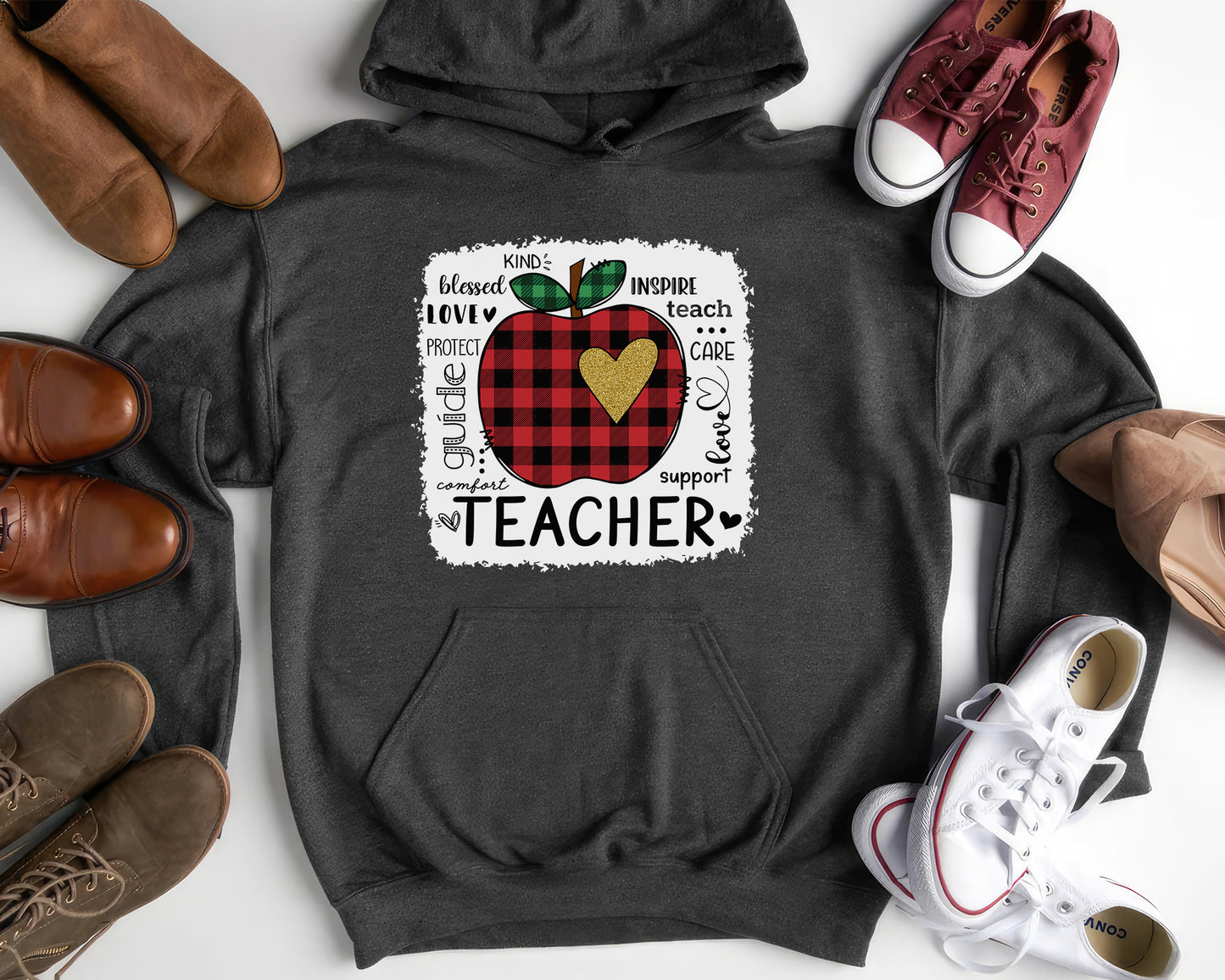 Tee Art Online - Valentine Typography Cute Red Apple Buffalo Plaid LOVE Teacher Personalized Hoodie | Valentine's Day Kawaii Cute Gifts | Teacher Design - Charcoal