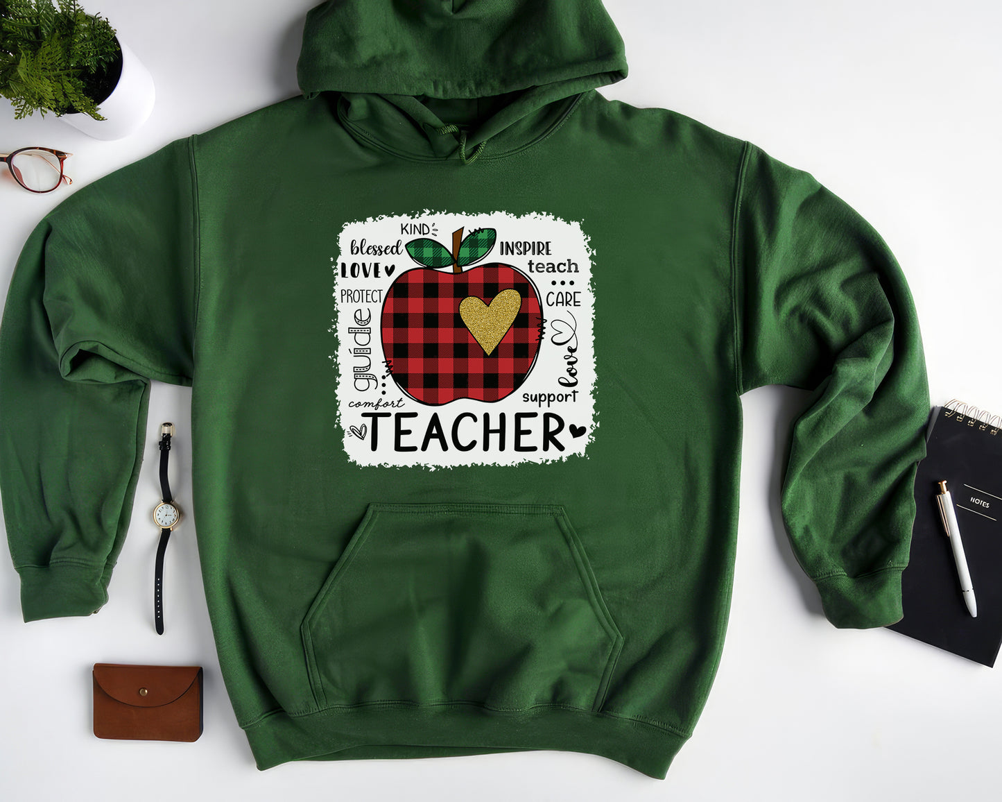 Tee Art Online - Valentine Typography Cute Red Apple Buffalo Plaid LOVE Teacher Personalized Hoodie | Valentine's Day Kawaii Cute Gifts | Teacher Design - Forest Green