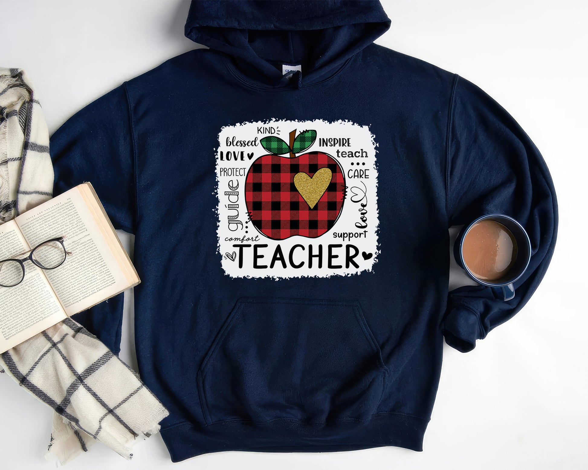 Tee Art Online - Valentine Typography Cute Red Apple Buffalo Plaid LOVE Teacher Personalized Hoodie | Valentine's Day Kawaii Cute Gifts | Teacher Design - Navy