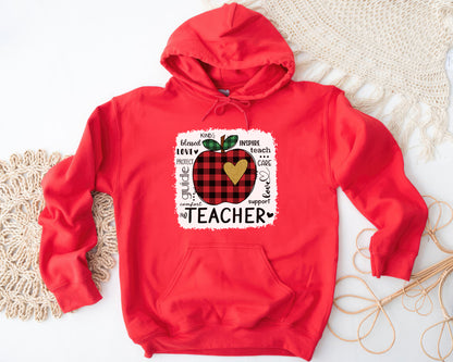 Tee Art Online - Valentine Typography Cute Red Apple Buffalo Plaid LOVE Teacher Personalized Hoodie | Valentine's Day Kawaii Cute Gifts | Teacher Design - Red