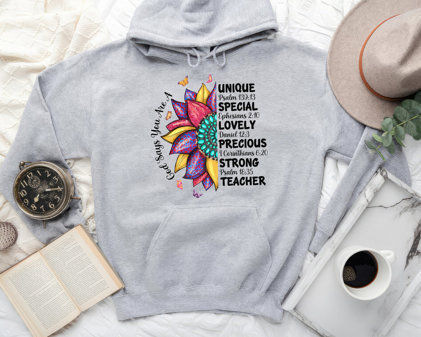 Tee Art Online - God Says You Are A Teacher Personalized Hoodie | Leopard Native American Turquoise Sunflower Design | Fully Customized Design - ash
