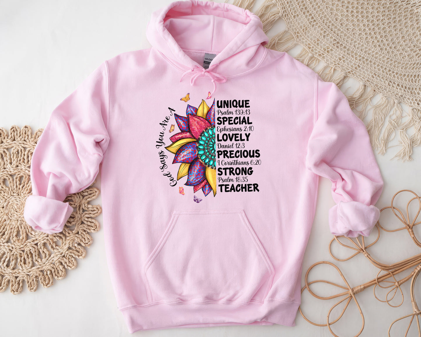 Tee Art Online - God Says You Are A Teacher Personalized Hoodie | Leopard Native American Turquoise Sunflower Design | Fully Customized Design  pink