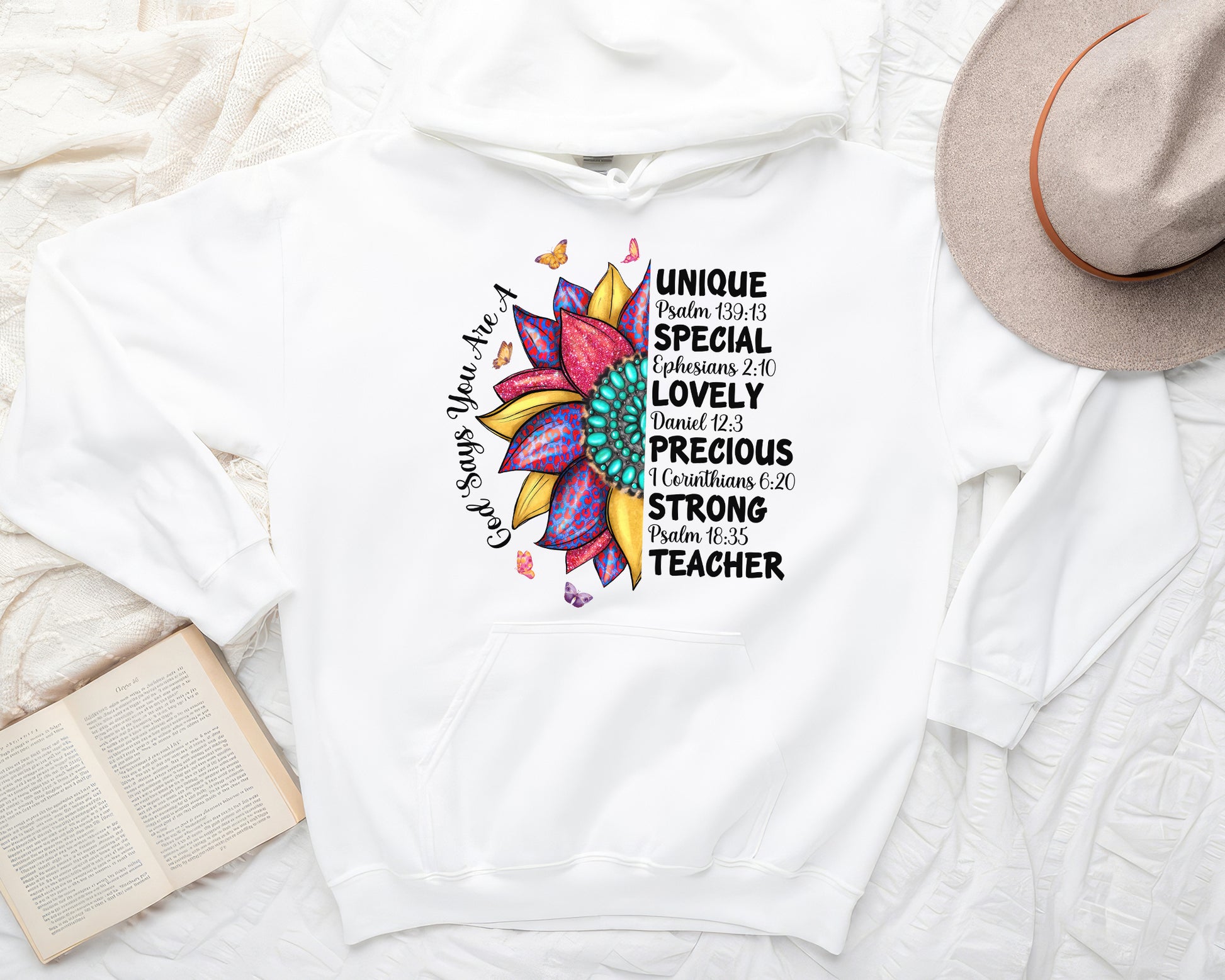 Tee Art Online - God Says You Are A Teacher Personalized Hoodie | Leopard Native American Turquoise Sunflower Design | Fully Customized Design - white