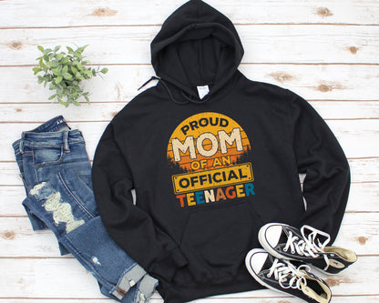 Tee Art Online - Retro Sunset Proud MOM of An Official Teenager Hoodie - Retro Style Hoodie Design | Family Apparel - Black