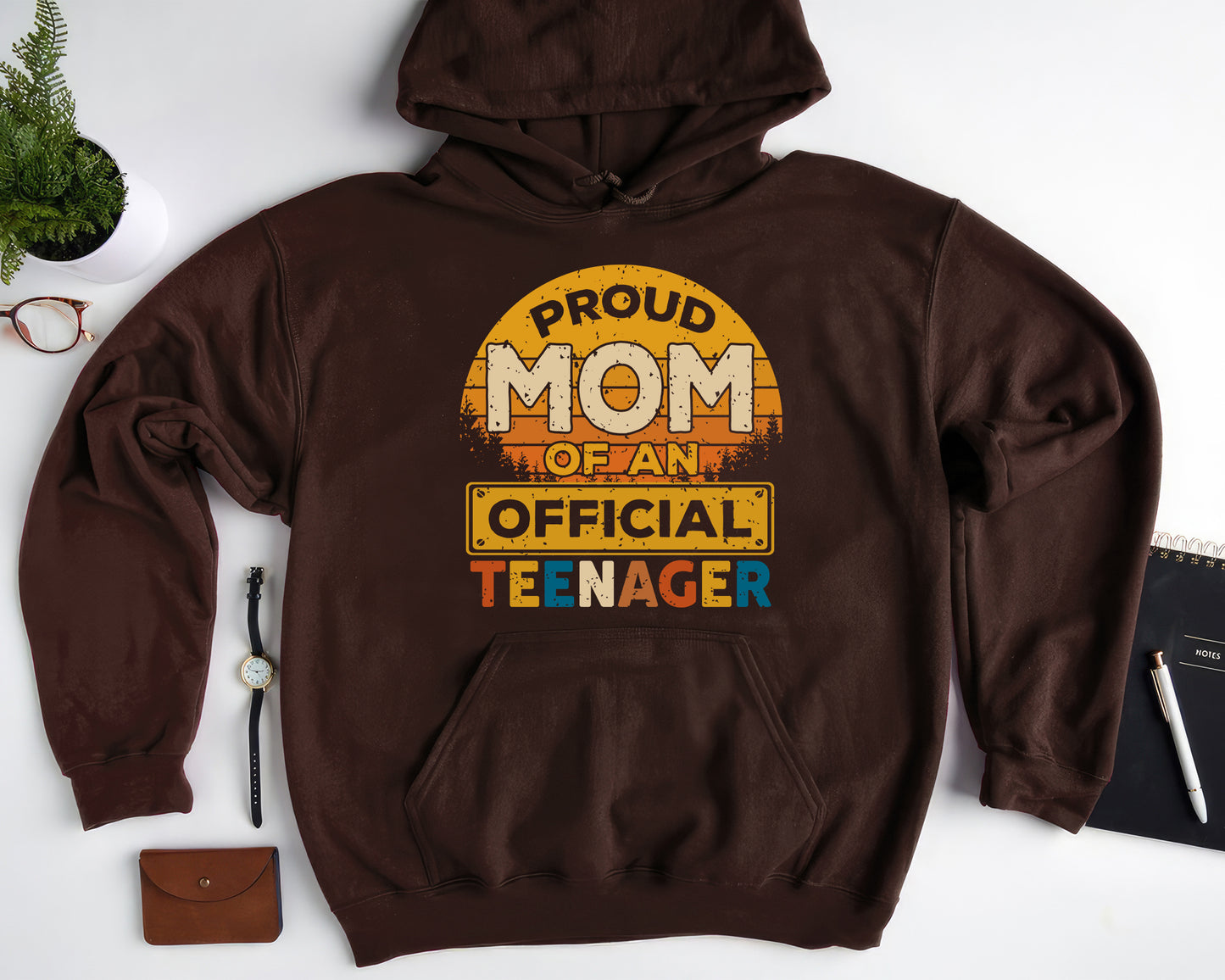Tee Art Online - Retro Sunset Proud MOM of An Official Teenager Hoodie - Retro Style Hoodie Design | Family Apparel - Brown