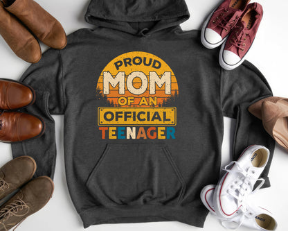 Tee Art Online - Retro Sunset Proud MOM of An Official Teenager Hoodie - Retro Style Hoodie Design | Family Apparel - Charcoal