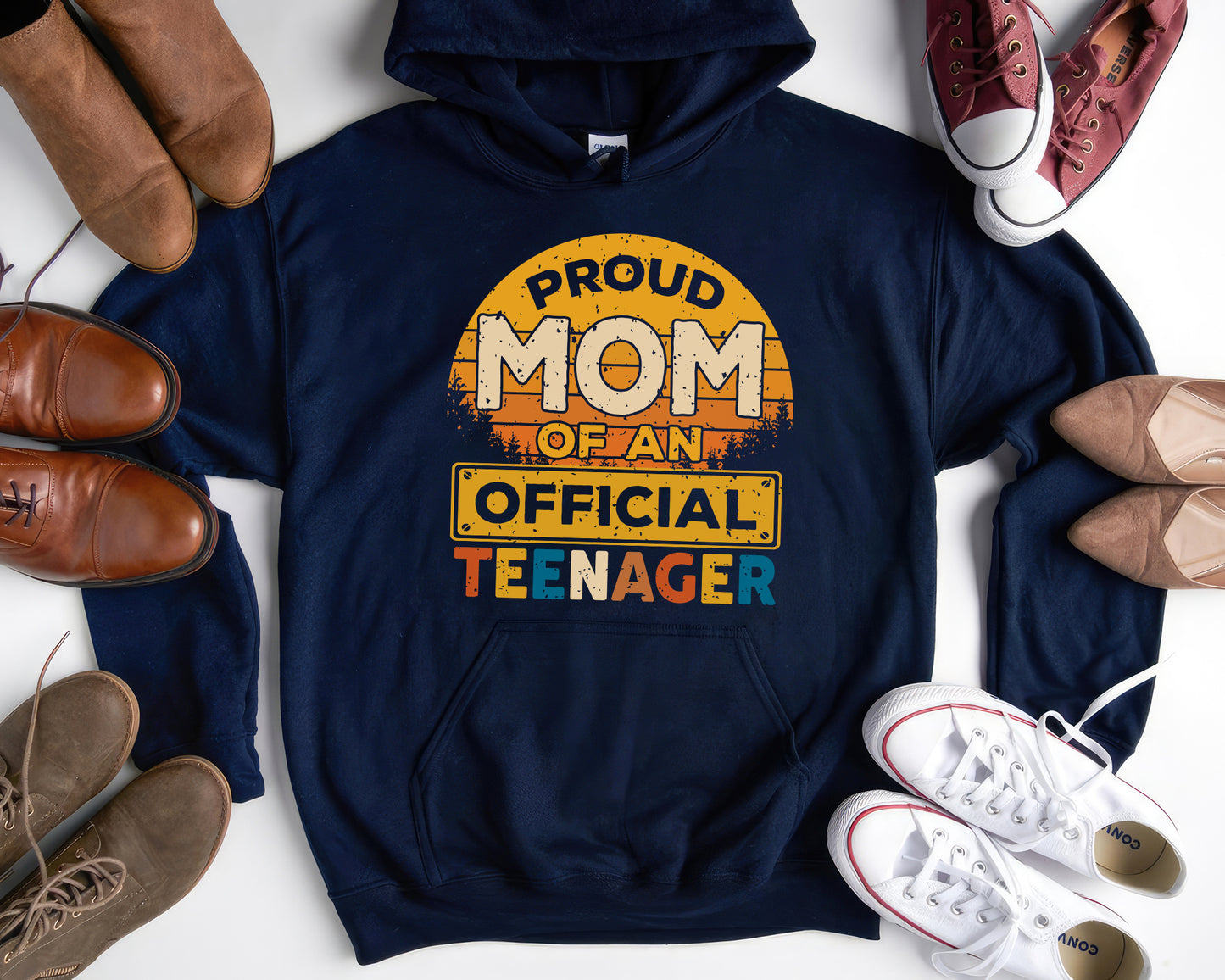 Tee Art Online - Retro Sunset Proud MOM of An Official Teenager Hoodie - Retro Style Hoodie Design | Family Apparel - Navy