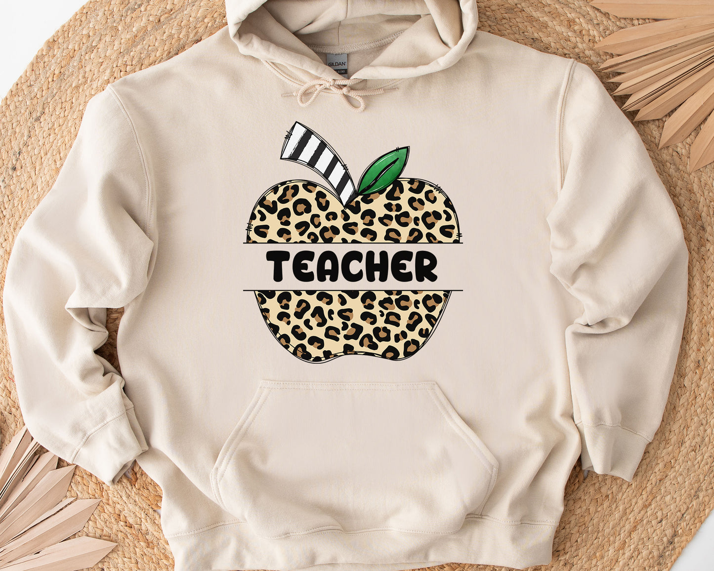 Tee Art Online - Doodle Leopard Apple Teacher Personalized Hoodie | Back To School Customized Hoodie | Hand-drawn Typography Doodle Cute Apple Teacher - beige