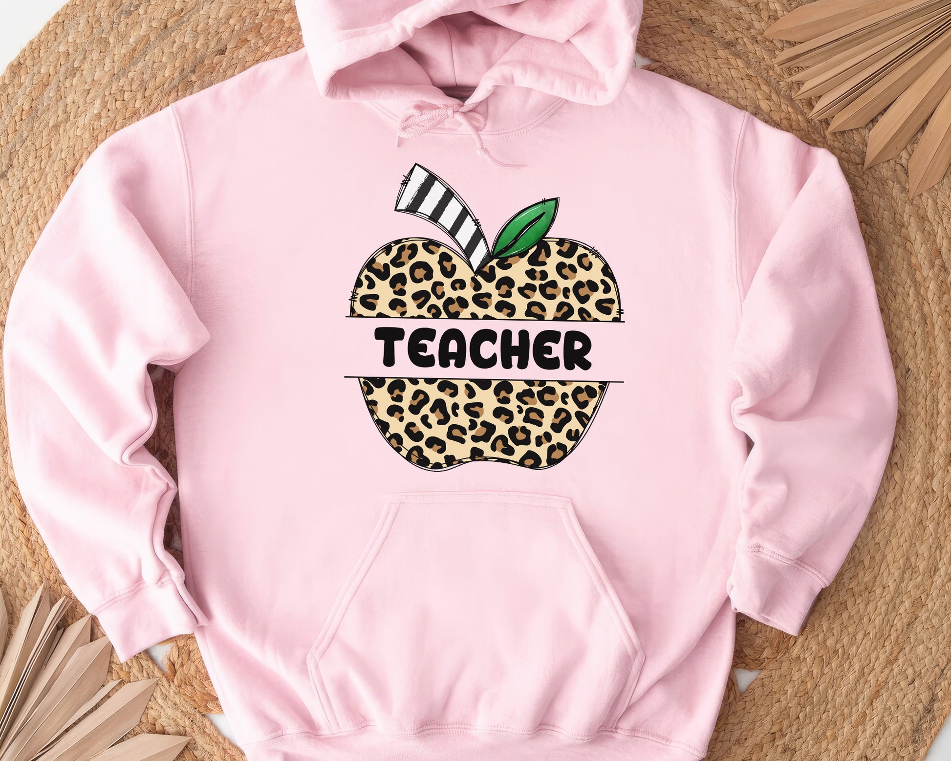 Tee Art Online - Doodle Leopard Apple Teacher Personalized Hoodie | Back To School Customized Hoodie | Hand-drawn Typography Doodle Cute Apple Teacher - pink