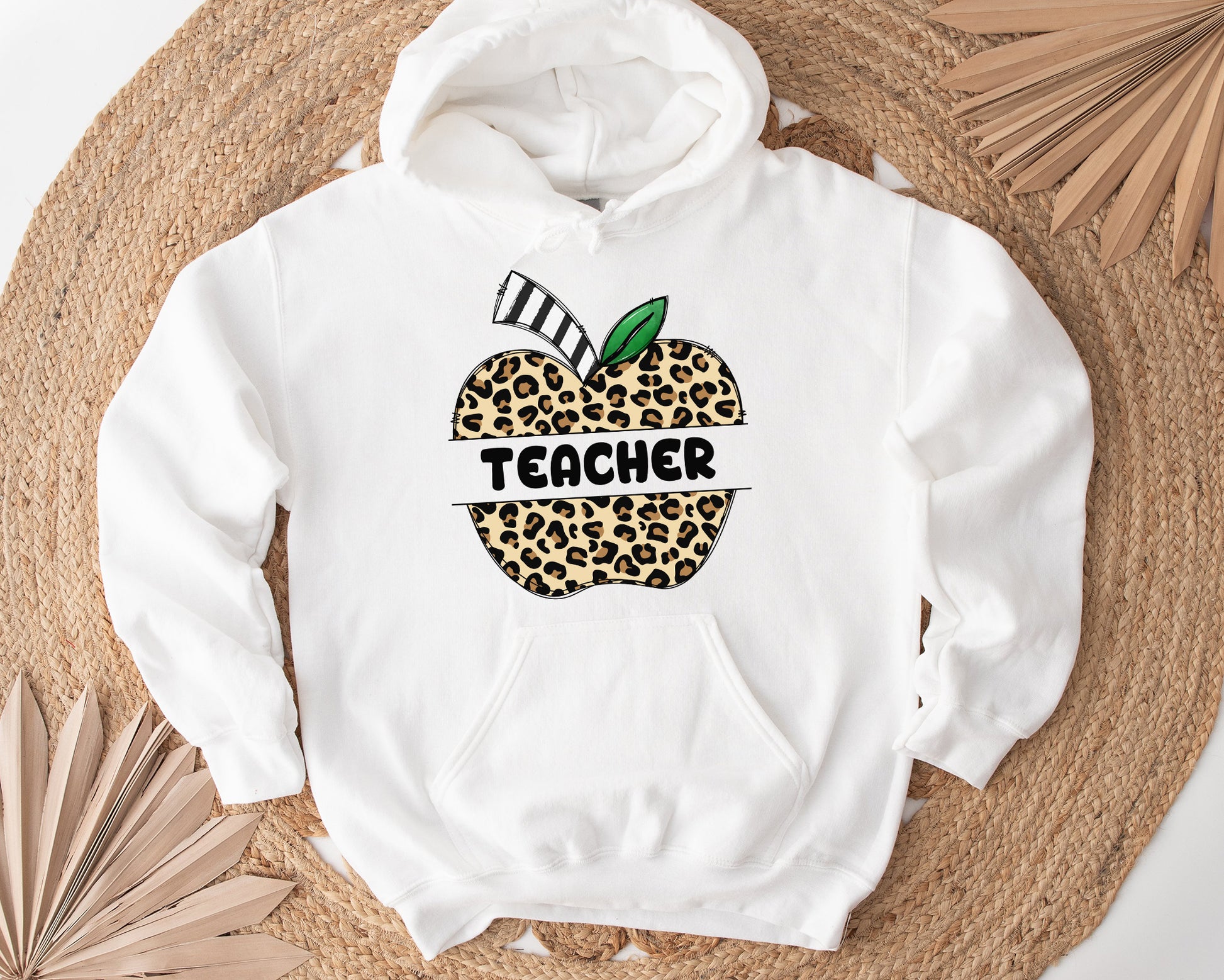 Tee Art Online - Doodle Leopard Apple Teacher Personalized Hoodie | Back To School Customized Hoodie | Hand-drawn Typography Doodle Cute Apple Teacher - white