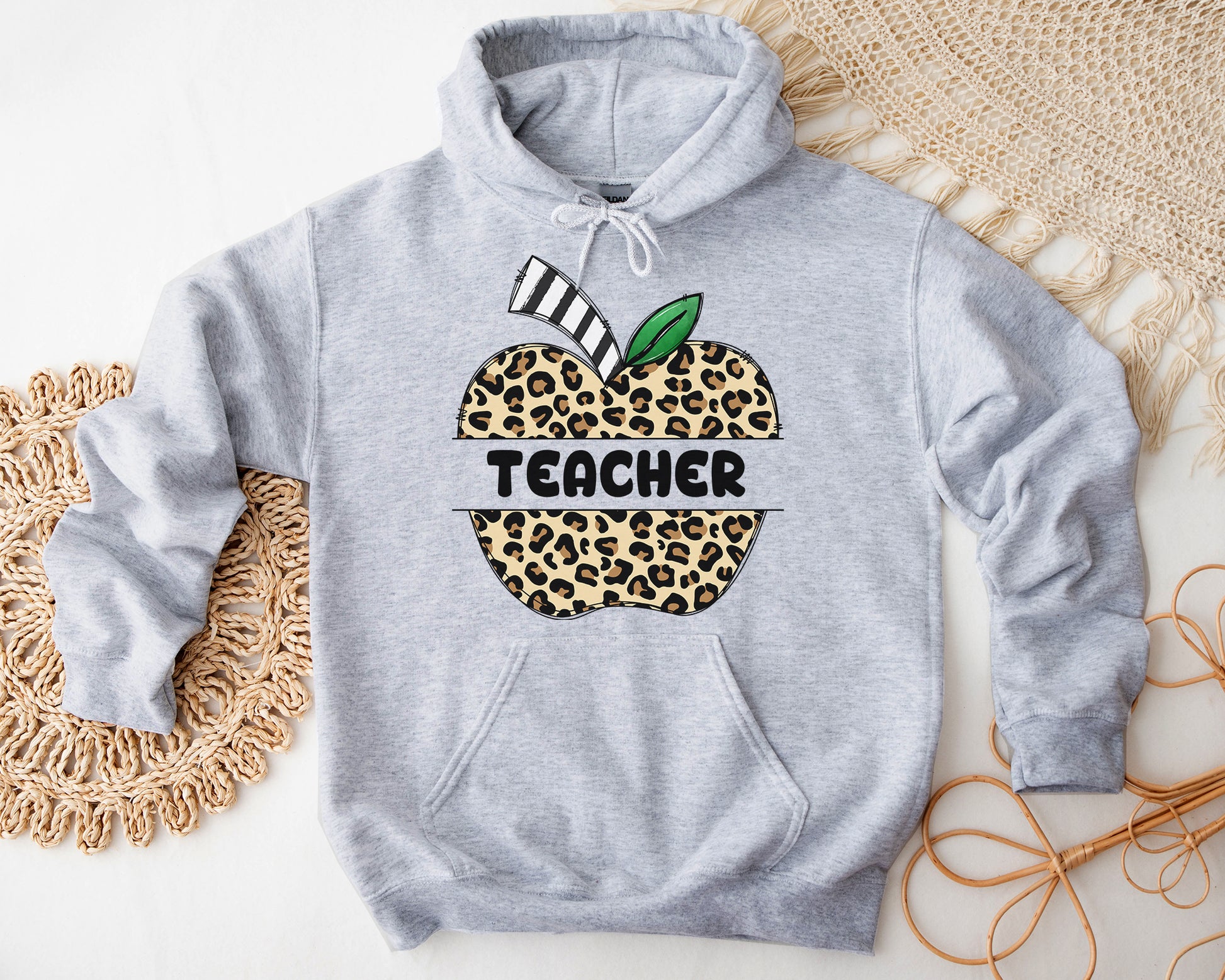 Tee Art Online - Doodle Leopard Apple Teacher Personalized Hoodie | Back To School Customized Hoodie | Hand-drawn Typography Doodle Cute Apple Teacher - ash