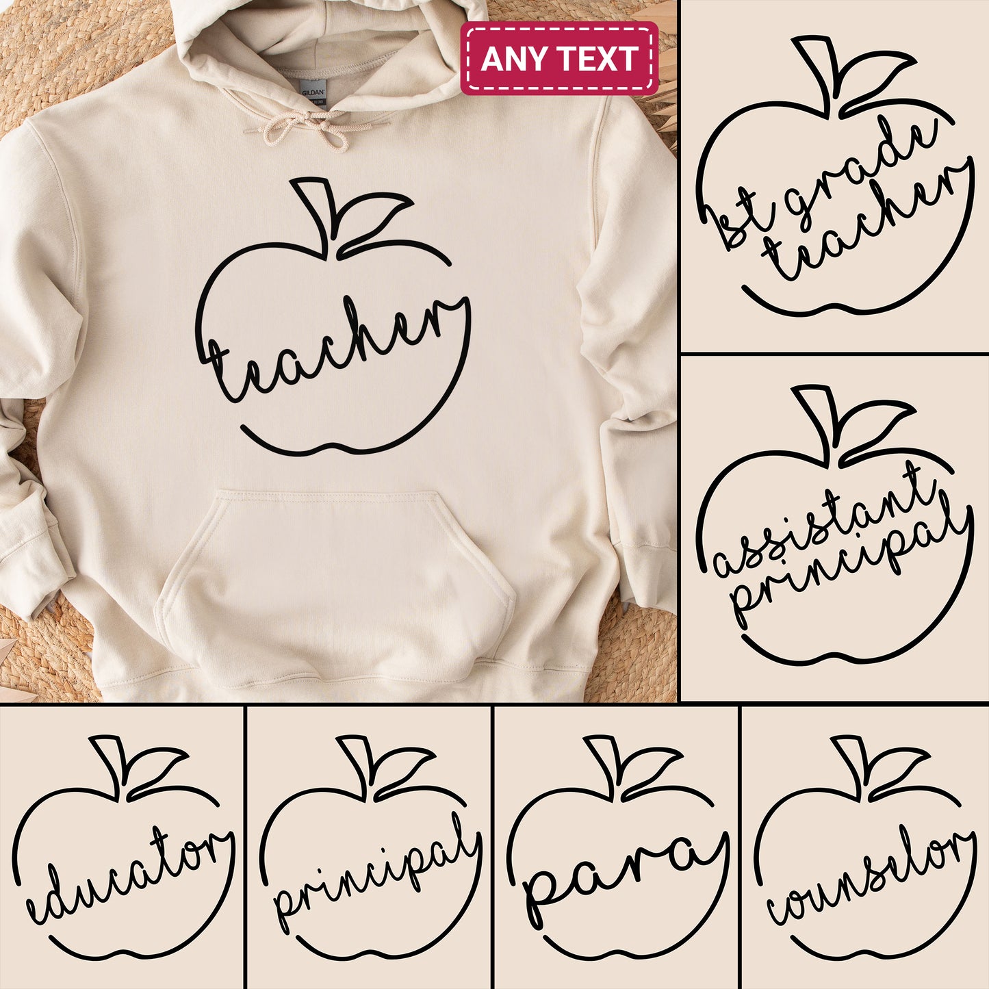 Typography Doodle Apple Teacher Personalized Hoodie | Back To School Customized Hoodie | Hand-drawn Cute Apple Teacher Hoodie