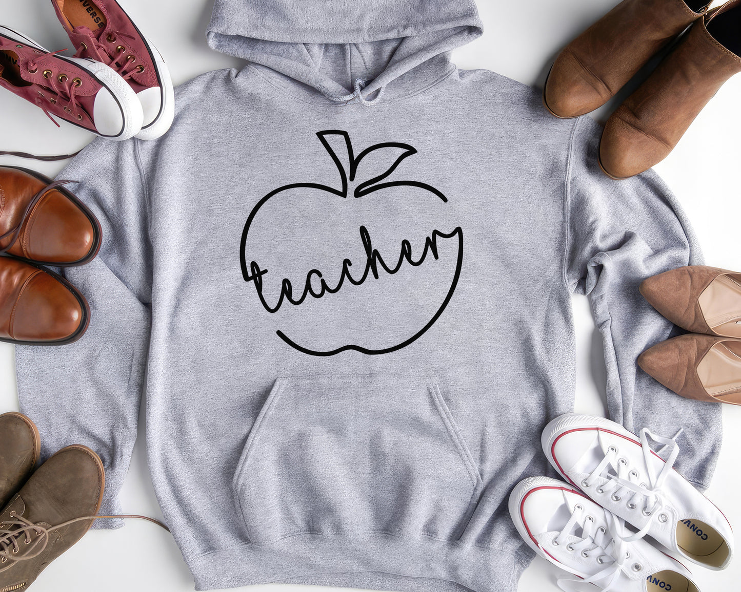 Typography Doodle Apple Teacher Personalized Hoodie | Back To School Customized Hoodie | Hand-drawn Cute Apple Teacher Hoodie - Ash