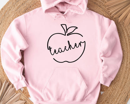 Typography Doodle Apple Teacher Personalized Hoodie | Back To School Customized Hoodie | Hand-drawn Cute Apple Teacher Hoodie - pink