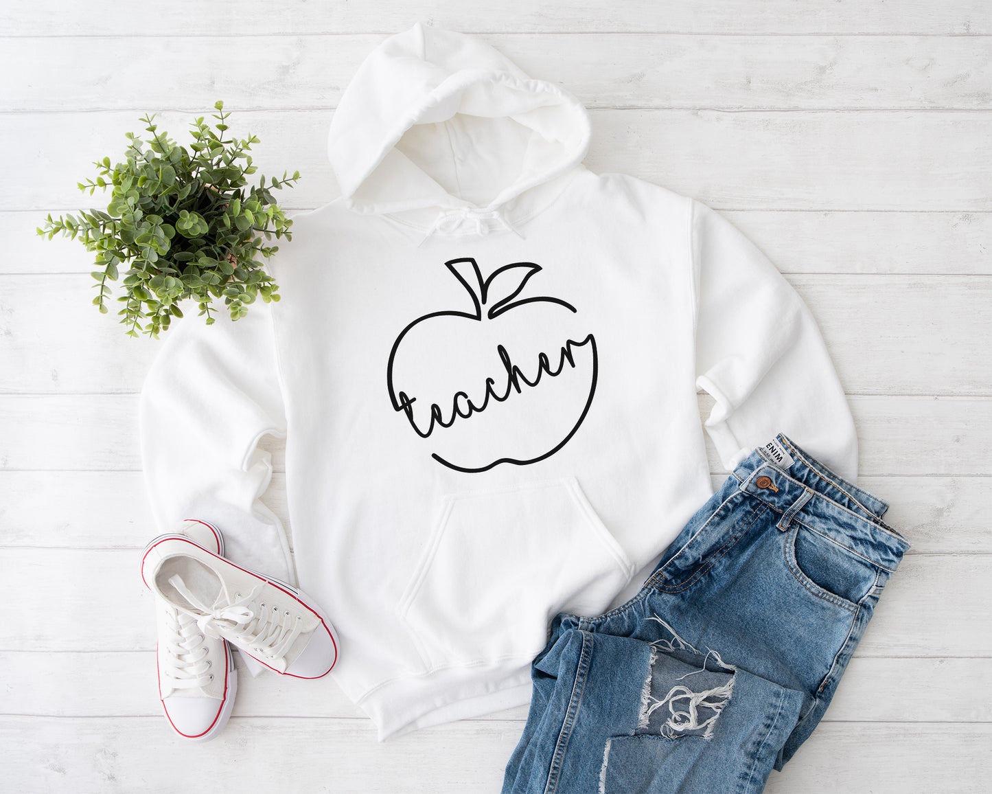 Typography Doodle Apple Teacher Personalized Hoodie | Back To School Customized Hoodie | Hand-drawn Cute Apple Teacher Hoodie - white
