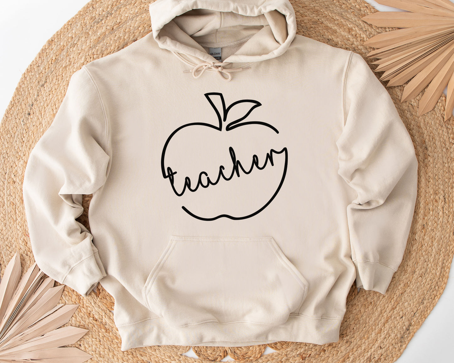 Typography Doodle Apple Teacher Personalized Hoodie | Back To School Customized Hoodie | Hand-drawn Cute Apple Teacher Hoodie - beige