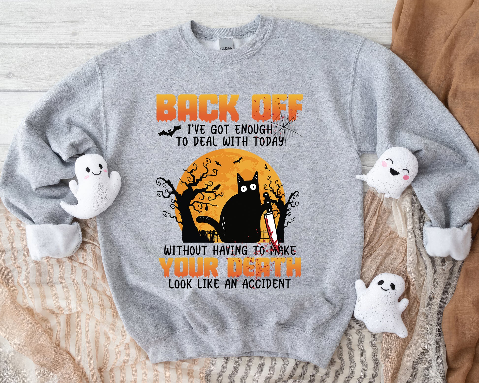 Tee Art Online - Halloween Back Off Funny Cute Black Cat Sweatshirt | Autumn Fall Design | Funny Creepy HalloThanksMas Design - ash