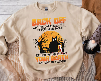 Tee Art Online - Halloween Back Off Funny Cute Black Cat Sweatshirt | Autumn Fall Design | Funny Creepy HalloThanksMas Design - beige