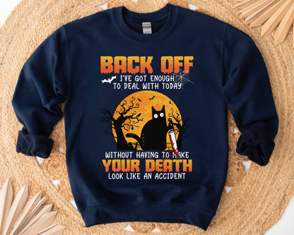 Tee Art Online - Halloween Back Off Funny Cute Black Cat Sweatshirt | Autumn Fall Design | Funny Creepy HalloThanksMas Design - navy