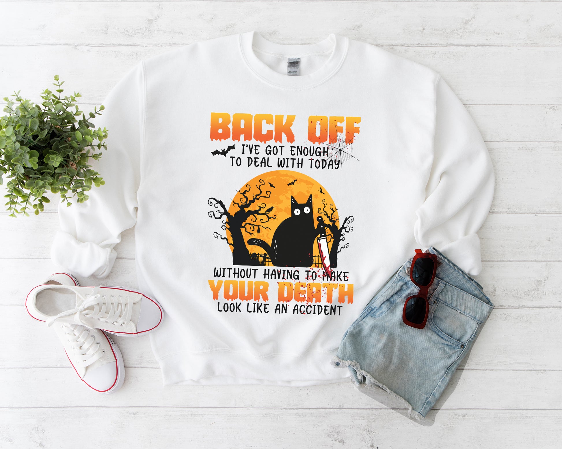 Tee Art Online - Halloween Back Off Funny Cute Black Cat Sweatshirt | Autumn Fall Design | Funny Creepy HalloThanksMas Design - white