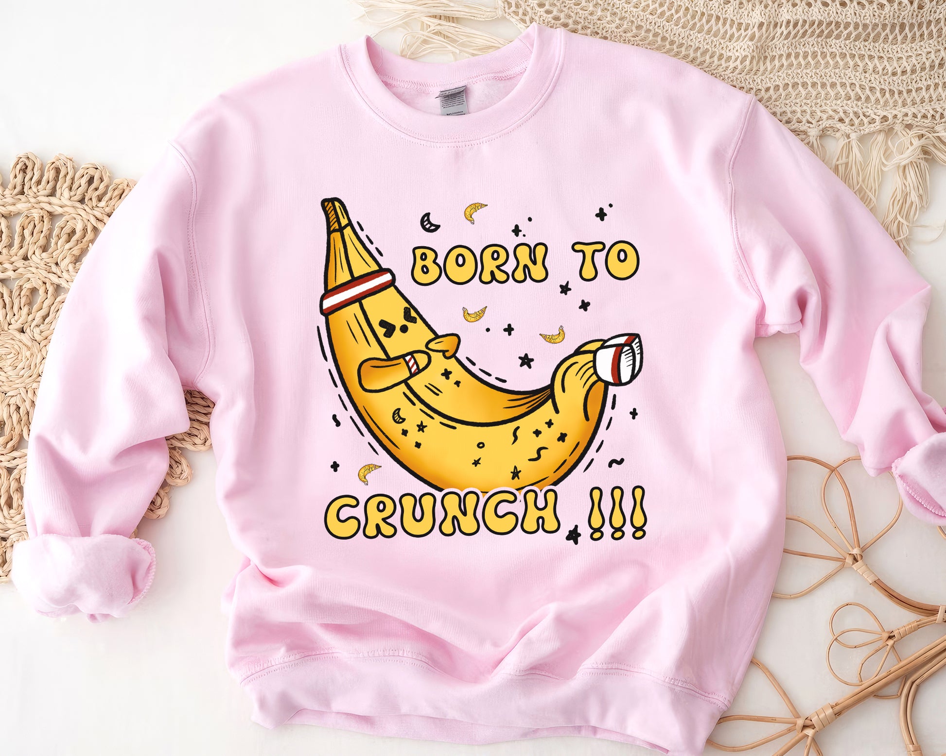 Tee Art Online - Banana Born To Crunch Sweatshirt | Funny Quote Workout Hoodie & Sweatshirt Collection | Gymnastic Fitness Yoga Workout Drawing Design - Pink