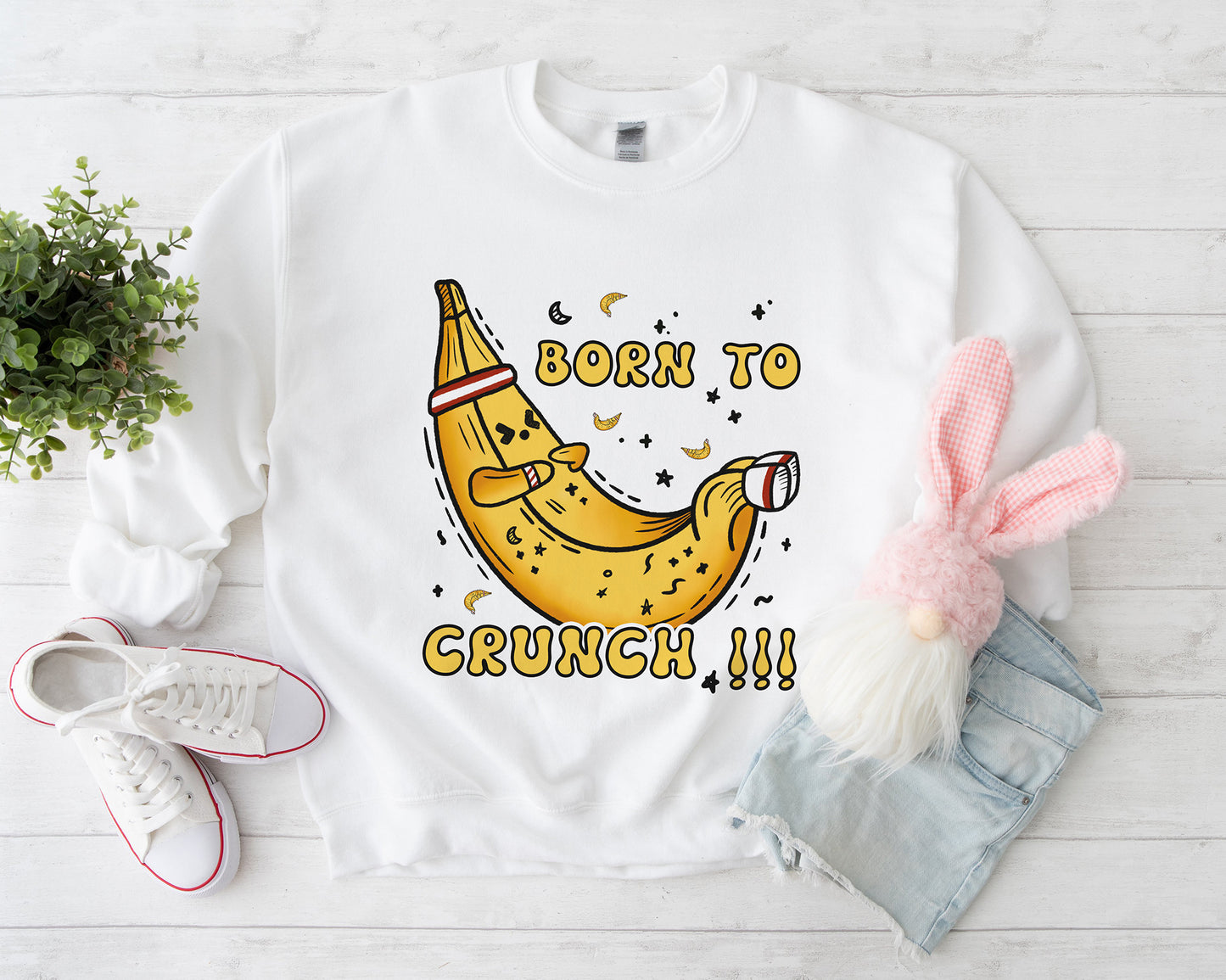 Tee Art Online - Banana Born To Crunch Sweatshirt | Funny Quote Workout Hoodie & Sweatshirt Collection | Gymnastic Fitness Yoga Workout Drawing Design - White