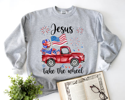 Tee Art Online - Jesus Vintage Truck Firework Sweatshirt | Veteran Day - Memorial Day - Independence Day, US Patriot Day Design | American Pride - ash