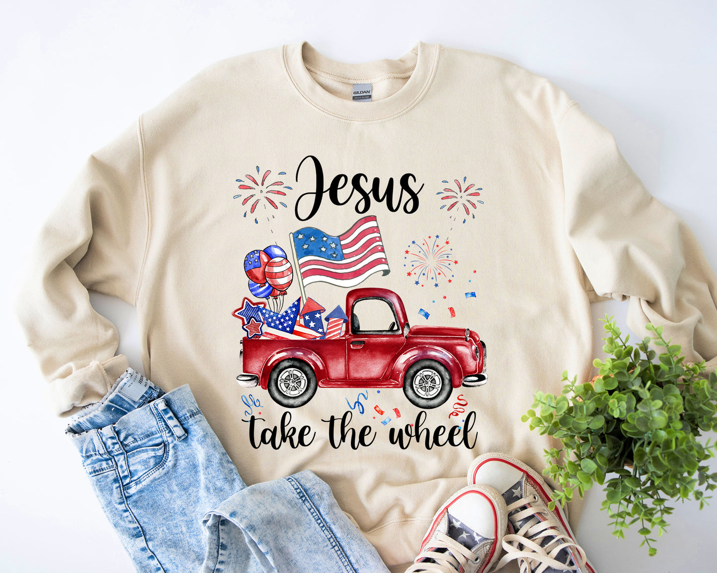 Tee Art Online - Jesus Vintage Truck Firework Sweatshirt | Veteran Day - Memorial Day - Independence Day, US Patriot Day Design | American Pride - beige